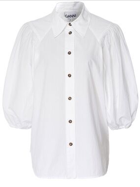 Ganni White Cotton Puffed Sleeve Poplin  Button-Down Shirt Size 36 US 4